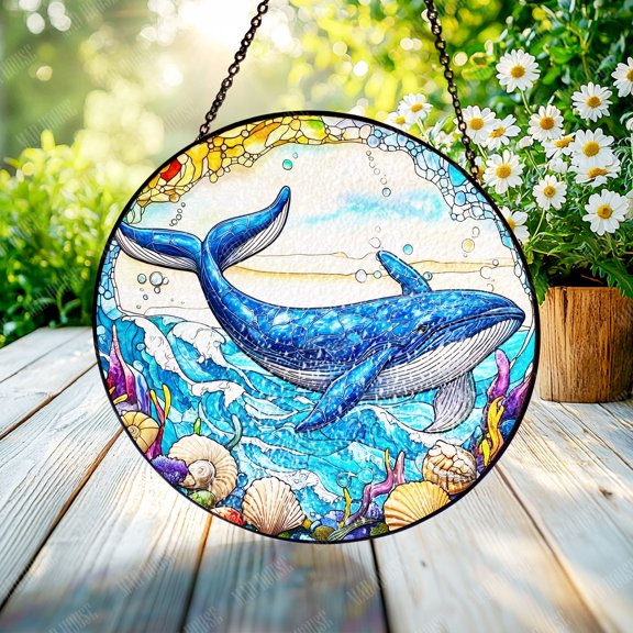 Blue Whale Stained Glass Window Hanging, Ocean Life Design, Unique Car and Home Decoration, Perfect Gift for Parents or Marine Life Lovers