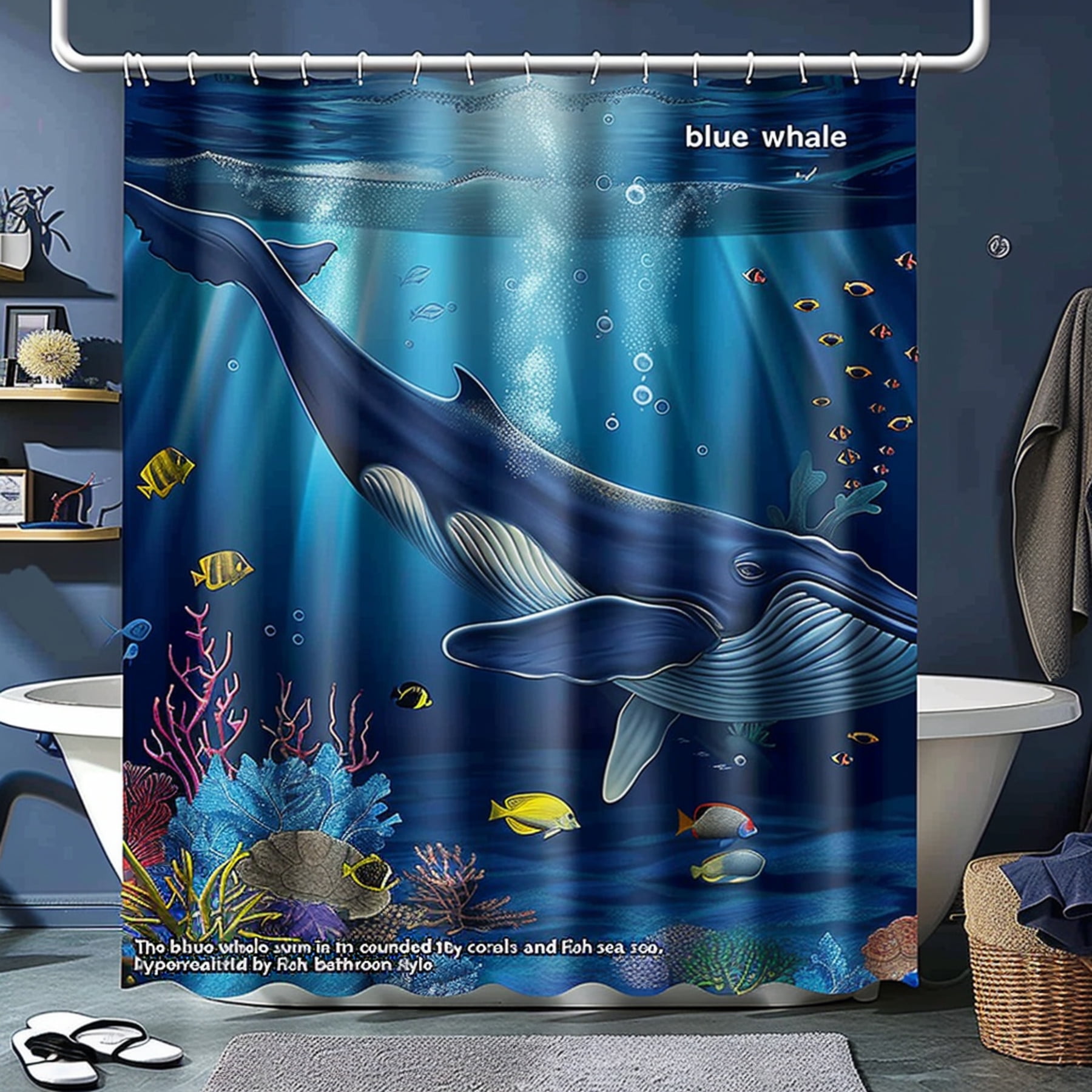 Blue Whale Swimming in Coral Reef Ocean Scene Shower Curtain