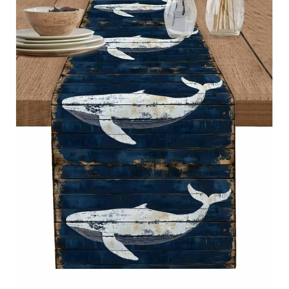 Blue Whale Table Runner 36 Inches, Coastal Ocean Vintage Wooden Grain Bed Runner Dresser Scarves Tabletop for Indoor Outdoor Parties/Ceremony/Banquet, 13"x 36"
