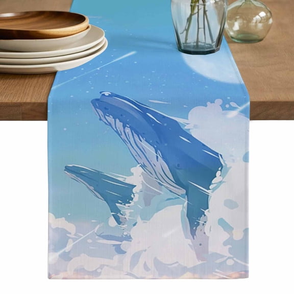 Blue Whale Table Runner, Blue Sky Clouds Natural Landscape Washable Cotton Linen Table Runners 48 Inches Long, Dresser Scarf Runner for Nightstand/Coffee/End Tables 13''x48''
