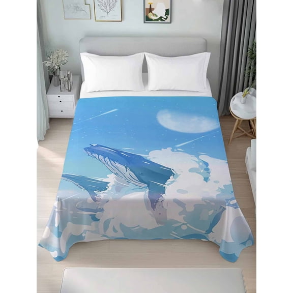 Blue Whale Twim Size Flat Sheet, Wrinkleproof & Fadeproof Cooling Flat Bed Sheet Only, Blue Sky Clouds Natural Landscape Breathable Soft Bedding Top Sheets 66 x 96 Inches