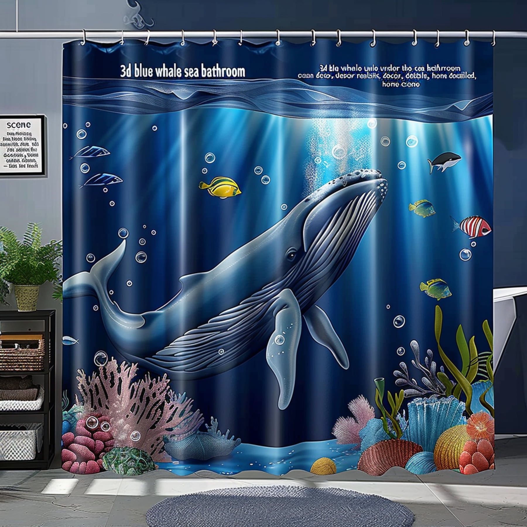 Blue Whale Under the Sea Shower Curtain Realistic Ocean Decor for a