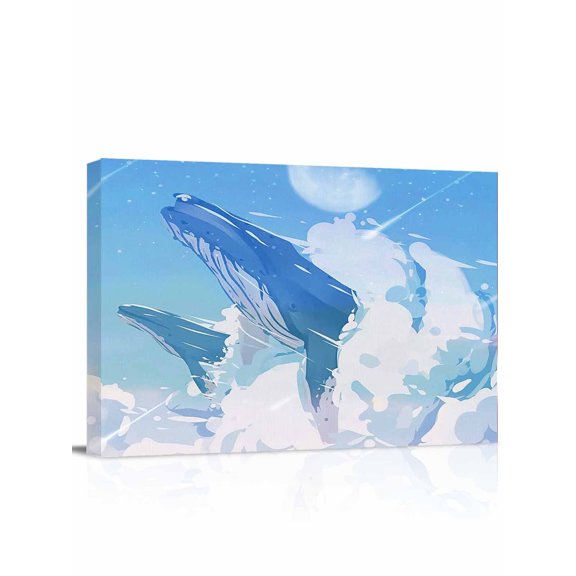 Blue Whale Wall Art for Living Room, Canvas Picture Wall Decor for Bathroom Bedroom, Blue Sky Clouds Natural Landscape Painting Artwork for Office Kitchen Hallway Dining Room Home Decorations 12"x16"