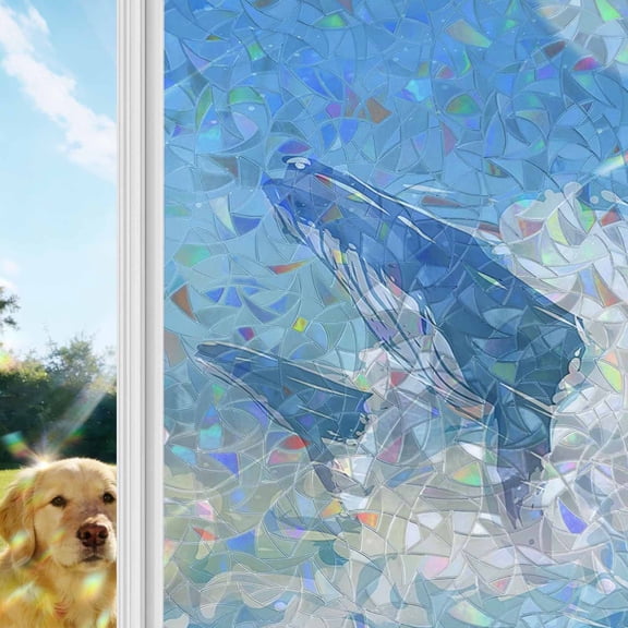 Blue Whale Window Privacy Film Stain Glass, Reusable Decorative Rainbow Window Film, Blue Sky Clouds Natural Landscape Non-Adhesive Static Cling Sun Blocking Stickers Decals Covers 23.6" x 59" (2pcs)