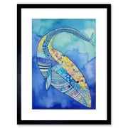Blue Whale With Multicolour Patterns Folk Art Watercolour Painting Artwork Framed Print Wall Art 9X7 Inch