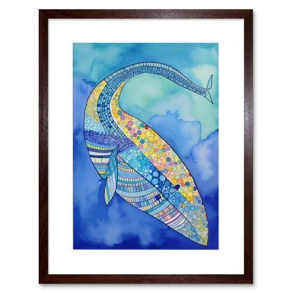Blue Whale With Multicolour Patterns Folk Art Watercolour Painting Artwork Framed Print Wall Art 9X7 Inch