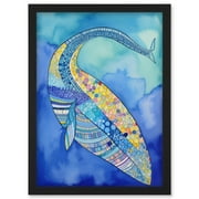 Blue Whale With Multicolour Patterns Folk Art Watercolour Painting Artwork Framed Wall Art Print A4