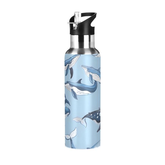 Blue with Whales Sports Water Bottle with Straw Lid Insulated Stainless Steel Leak Proof BPA Free Thermal Mug with Handle for Gym Yoga Cycling Camping