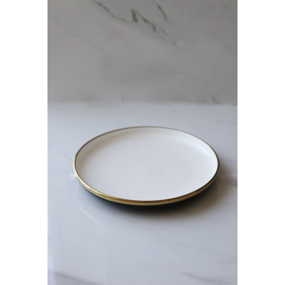 Blue & White 8" Ceramic Plates with Gold Trim, Set of 4