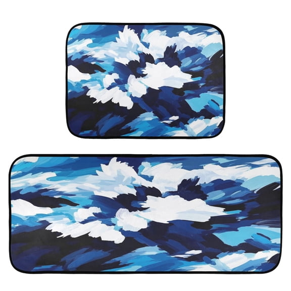 Blue White Abstract 2-Piece Kitchen Carpet Mat Set, Non-Slip Memory Foam, Soft for Kitchen and Living Room Use