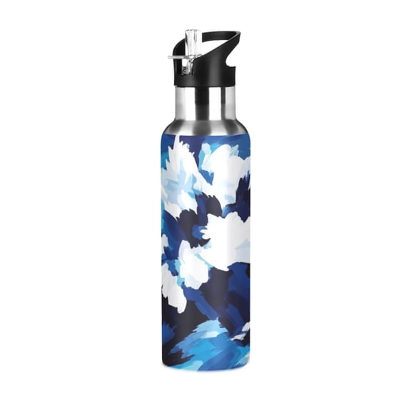 Blue White Abstract 600ml Double Walled Stainless Steel LeakProof Sports Bottle Thermo 8h