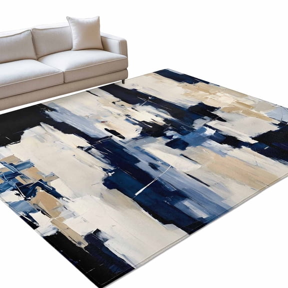 Blue White Abstract Area Rugs 2.7x5ft Color Block Modern Artistic Washable Rug, Non Slip Indoor Carpet Absorbent Floor Mat for Living Room Bedroom Dining Room