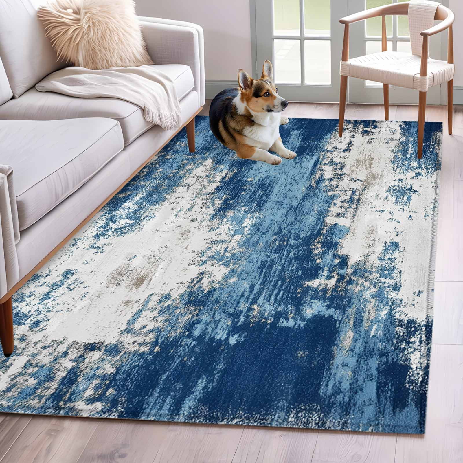 Low Profile Blue Rug Blue White Abstract Art 3x5 Area Rugs for Living Room, Modern Painting ...