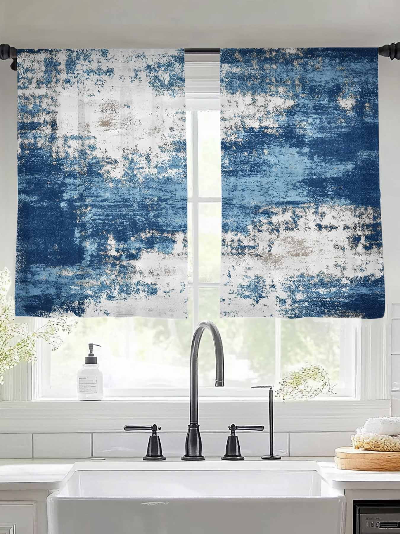 Blue White Abstract Art Sheer Curtains 54 Inches Long 2 Panels Modern ...