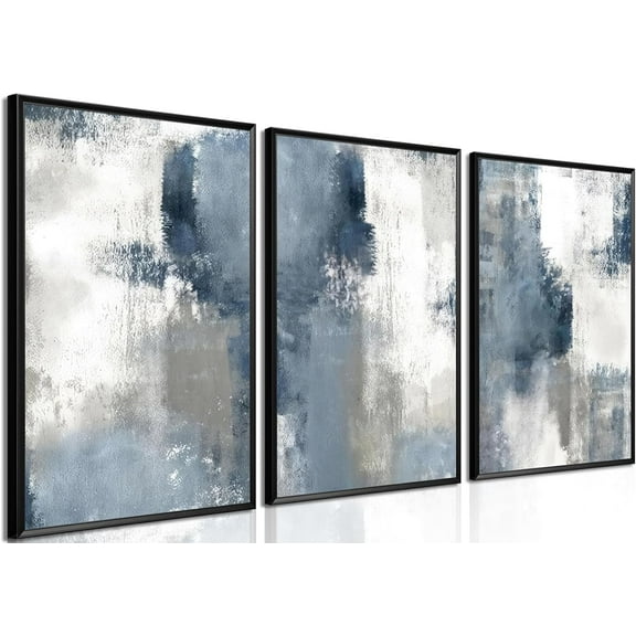 Blue And White Abstract Canvas Wall Art Set of 3, Navy Hand Graffiti Posters Prints, Minimalist Neutral Blue Printing for Living Room Bedroom Bathroom Office Decor 12x16 inch Framed