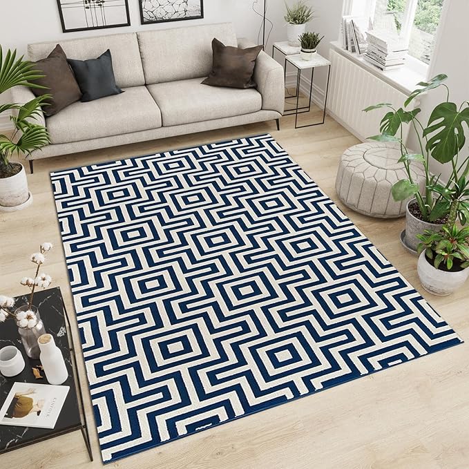 Blue White Abstract Geometry Area Rug, Modern Style Simple Traditional ...