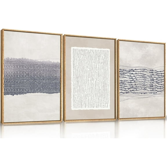 Blue White Abstract Neutral Framed Canvas Wall Art Set,Minimalist Boho Lines Wall Decor,Modern Neutral Art Print,Mid Century Blue Artwork for Living Room,Bedroom,Office- 16"x24"x3