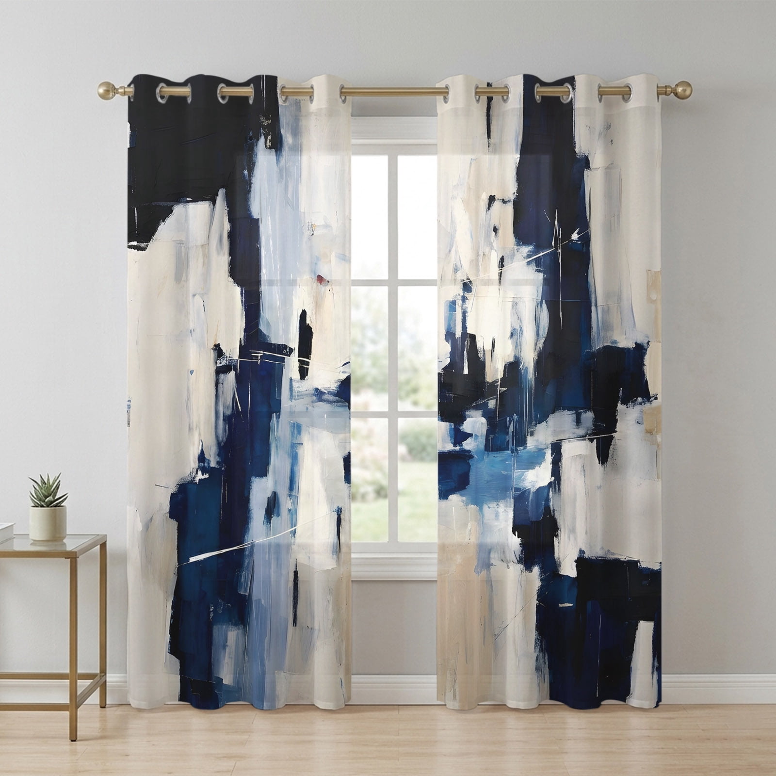 Blue White Abstract Sheer Curtains 84 Inch Long 2 Panels, Color Block ...