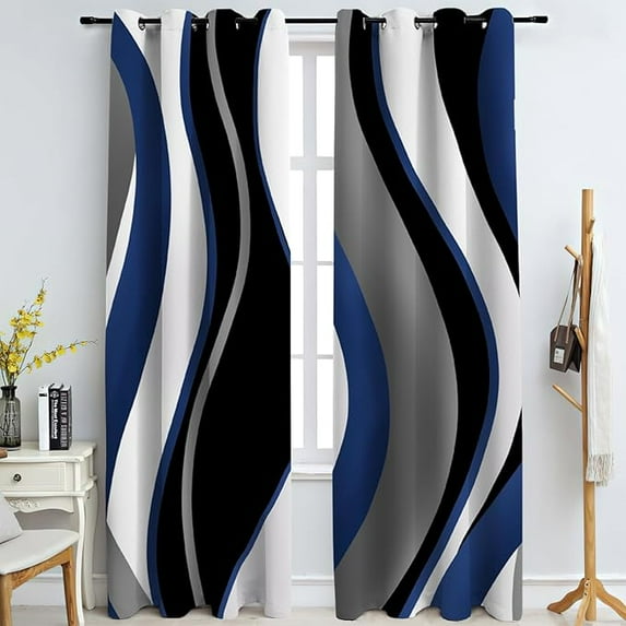 Blue And White Abstract Water Blackout Curtains, Black And Gray Geometric Medieval Line Window Curtains, Thermal Insulated Window Drapes, For Living Room Bedroom Office 53"W x 63"L (Pack of 2)