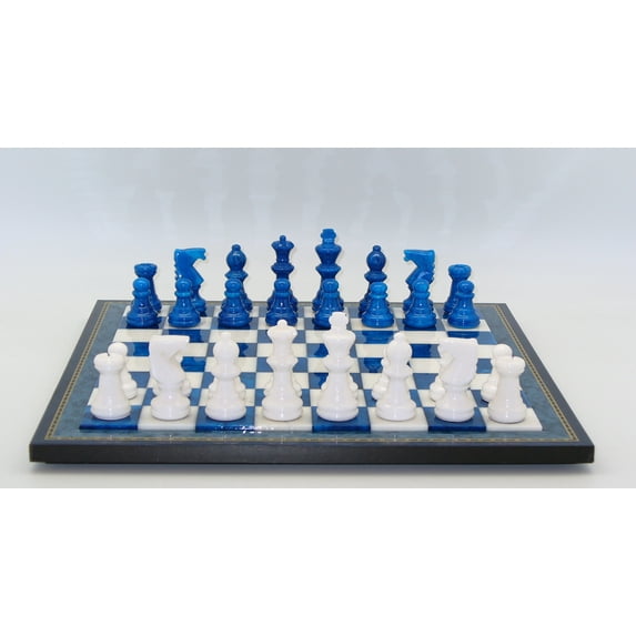 Blue & White Alabaster Wood Framed Chess Set