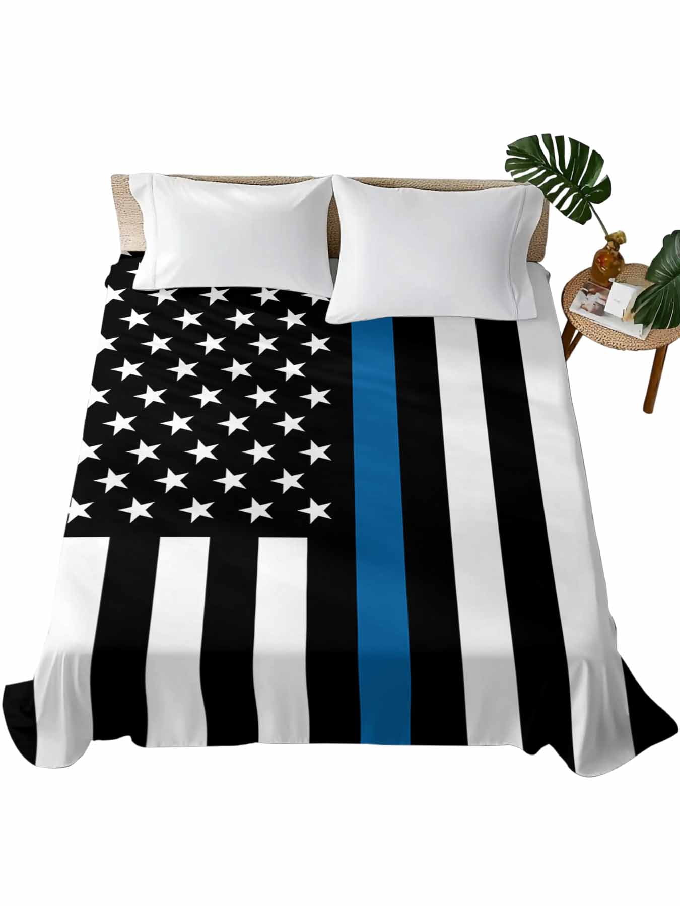 Blue White American Police Flag Flat Sheets Only Queen Size, Soft ...