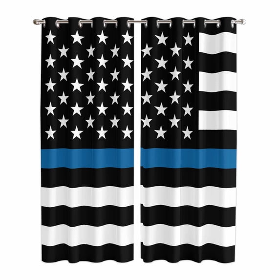 Blue White American Police Flag Kitchen Curtains 96 Inch Length, Honoring Law Enforcement Officers Grommet Bedroom Living Room Curtains, Light Filtering Cafe Curtain Drapes 2 Panels Set 104''x96''