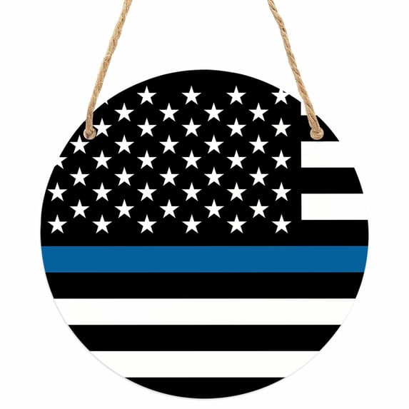 Blue White American Police Flag Round Front Door Welcome Sign, 5.9 Inch Wall Hanging Decor for Indoor Outdoor, Honoring Law Enforcement Officers Home Porch Hanger Decorations for Holiday Gift