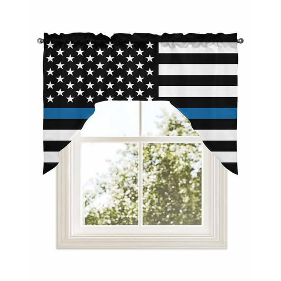 Blue White American Police Flag Swag Valance for Windows 56'' x 36'', Honoring Law Enforcement Officers Light Filtering Kitchen Curtains Valances for Bathroom/Living Room/Bedroom, Rod Pocket Curtain