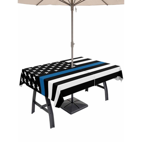Blue White American Police Flag Table Cloth Rectangle Outdoor Tablecloth, Honoring Law Enforcement Officers Waterproof Table Cover with Umbrella Hole and Zipper for Party/Dining/Patio 60x120 Inch