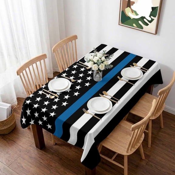 Blue White American Police Flag Table Cloth Waterproof Tablecloths, Honoring Law Enforcement Officers Tablecloth Dining Table Cover for Kitchen Party Tabletop Outdoor, Rectangle Tablecloth 52x70 Inch
