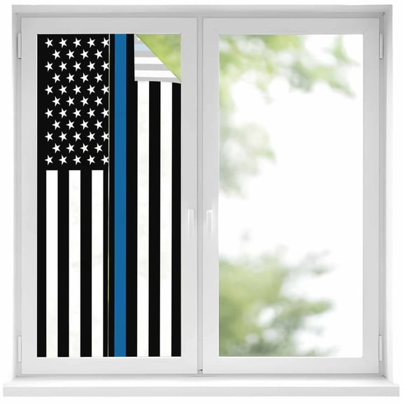 Blue White American Police Flag Window Privacy Film, Honoring Law Enforcement Officers Static Cling UV Sun Blocking Heat Control Window Tint, Non-Adhesive One Way Windows Privacy Cover 17.7''x39.3''
