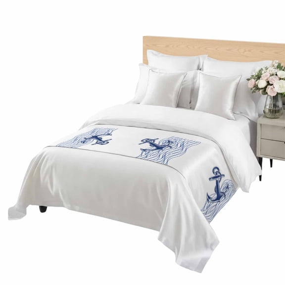 Blue White Anchor Bed Runner King Size Nautical Navy Blue Ocean Waves Anchor Soft Bed Scarf for Foot of Bed, Decorative Bedding Scarf Protection for Hotel Home Bedroom 94 x 20 Inch