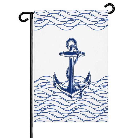 Blue White Anchor Garden Flag 12x18 Inch Nautical Navy Blue Ocean Waves Anchor Double Sided Small Decorative Garden Flags for Outside, Outdoor Yard Porch Lawn Decoration