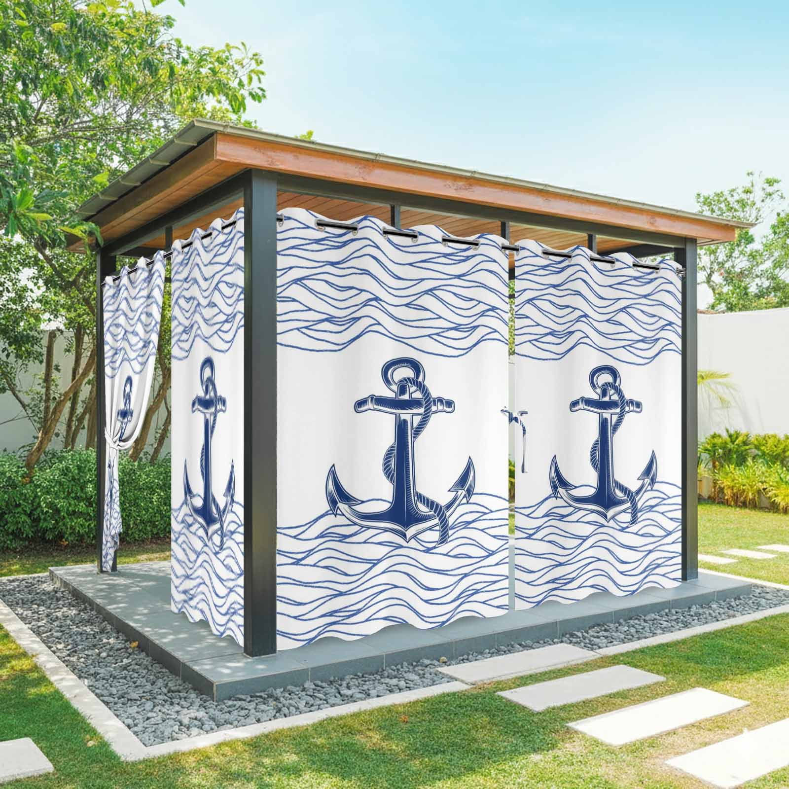 Blue White Anchor Outdoor Curtains for Patio, Nautical Navy Blue Ocean Waves Anchor Sunshade Privacy Drapes Grommet Waterproof Outside Curtains for Porch/Cabana/Balcony 54"x 95", 2 Panel