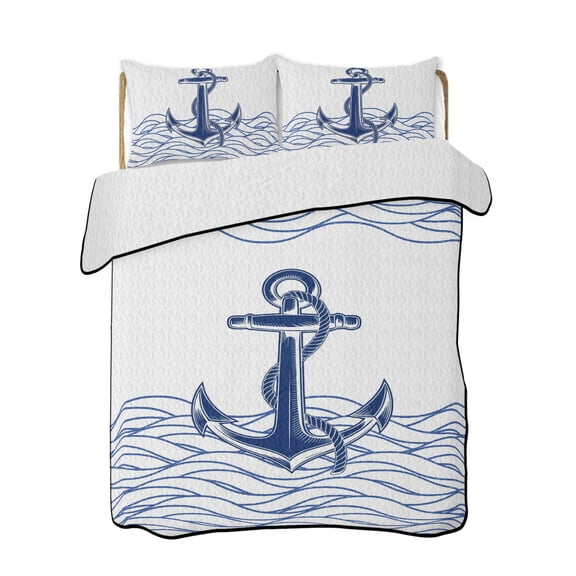 Blue White Anchor Quilts Bedding Set King Size Nautical Navy Blue Ocean Waves Anchor Lightweight Quilted Bedspread 3 Piece Bed Quilt with 2 Pillow Shams All Season for Bedroom 90" x 96"