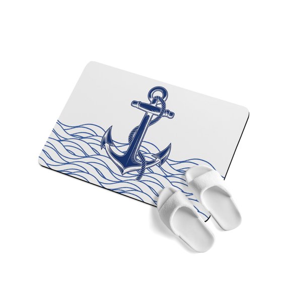 Blue White Anchor Soft Diatomaceous Earth Mat, Nautical Navy Blue Ocean Waves Anchor Absorbent Bath Mat Non Slip Rubber Backed Quick Dry Doormat Fit Under Door for Bathroom Kitchen 16"x24"