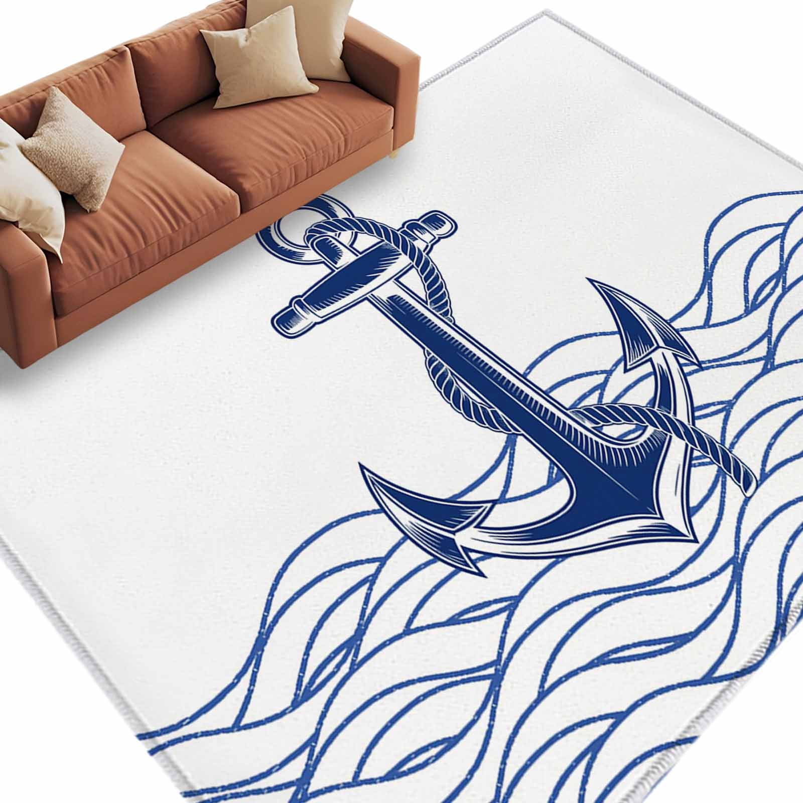 Blue White Shell Rug Blue White Anchor Washable Living Room Rugs 8'x10', Nautical Navy Blue ...