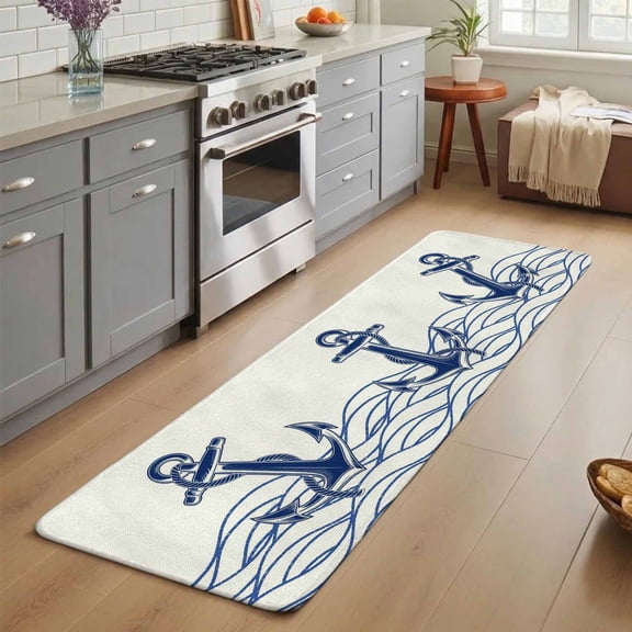 Blue White Anchor Washable Runner Rug 3X7 ft Nautical Navy Blue Ocean Waves Anchor Non-Slip Hallway Runner Rug, Linen Kitchen Runner Mats, Indoor Floor Carpet for Entryway Bathroom Bedroom