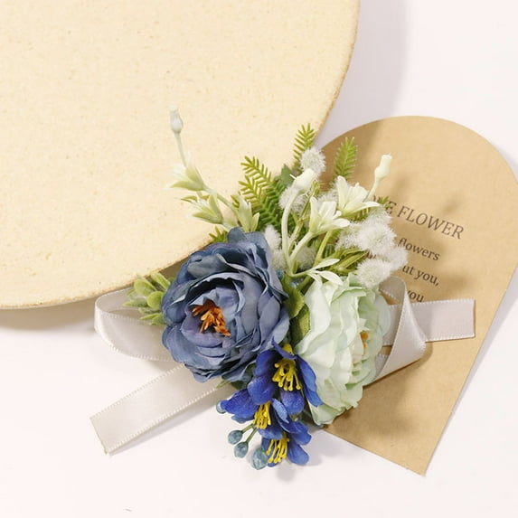 Blue and White Artificial Wrist Corsage and Boutonniere Set, Bridesmaids Hand Flower Wristband, Men Boutonniere for Prom Party , Homecoming Ceremony, Anniversary (Style C)