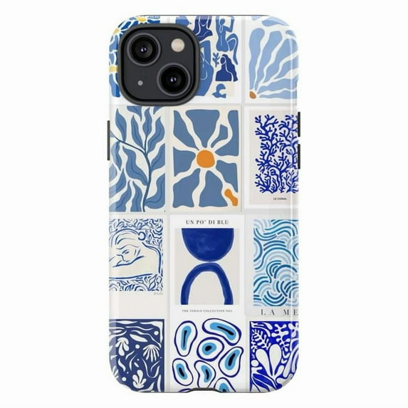 Blue & White Artistic Collage Pattern iPhone Case, Modern Abstract Tiles Design, Slim Protective Cover for iPhone 16 15 14 13 12 11 Mini Pro Max