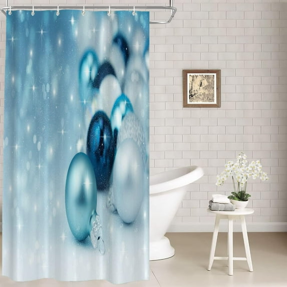 Blue White Ball Decor Shower Curtain, Merry Christmas Snow Colorful Baubles Bathroom Decor Polyester Fiber Plastic Rings Quick-Drying Waterproof for Bathtubs/Bathroom, 72x36 inches
