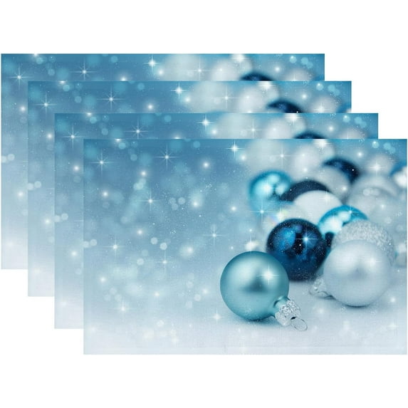 Blue White Ball Placemats,Merry Christmas Snow Colorful Baubles Washable Linen Table Mats for Kitchen Table Double Insulation Decor Dining Set Indoor Outdoor 12X18 in Set of 4