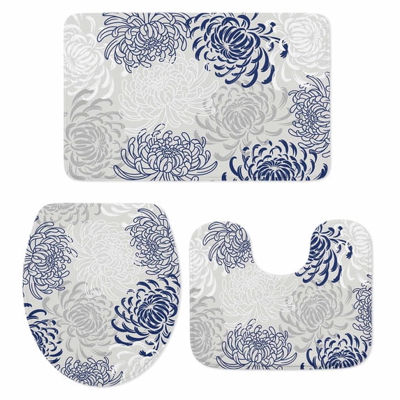 Blue White Bath Mat 3 Piece Bathroom Rug Set, Abstract Grey Chrysanthemum Flower Floral Non Slip Bath Rug Contour Mat and Toilet Lid Cover, Absorbent Shower Mats Soft Bath Rugs and Mats Sets