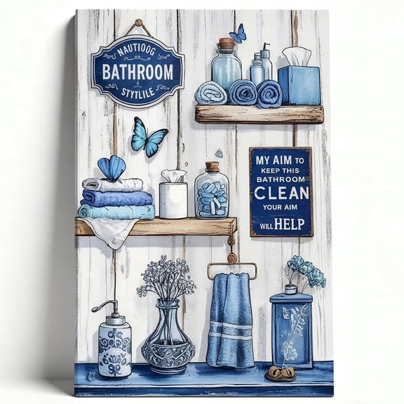 Blue & White Bathroom Theme Canvas Wall Art, Shabby Chic Spa Decor with Butterflies, Framed Rustic Shelf Illustration with "Keep It Clean" Quote, Modern Farmhouse Restroom Sign 8*12inch(20*30cm)