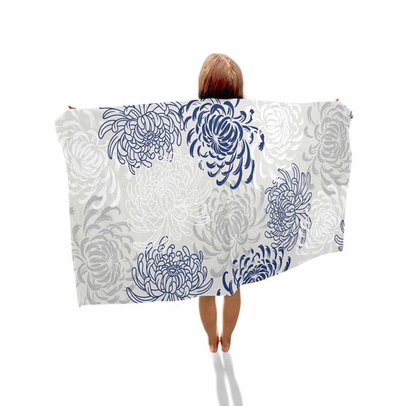 Blue White Beach Towels Oversized Super Absorbent, Abstract Grey Chrysanthemum Flower Floral Lightweight Bath Towel Quick Dry Sets For Bathroom/Pool/Rv Camping/Beach Play/Gym Room/Picnic 35"x70"