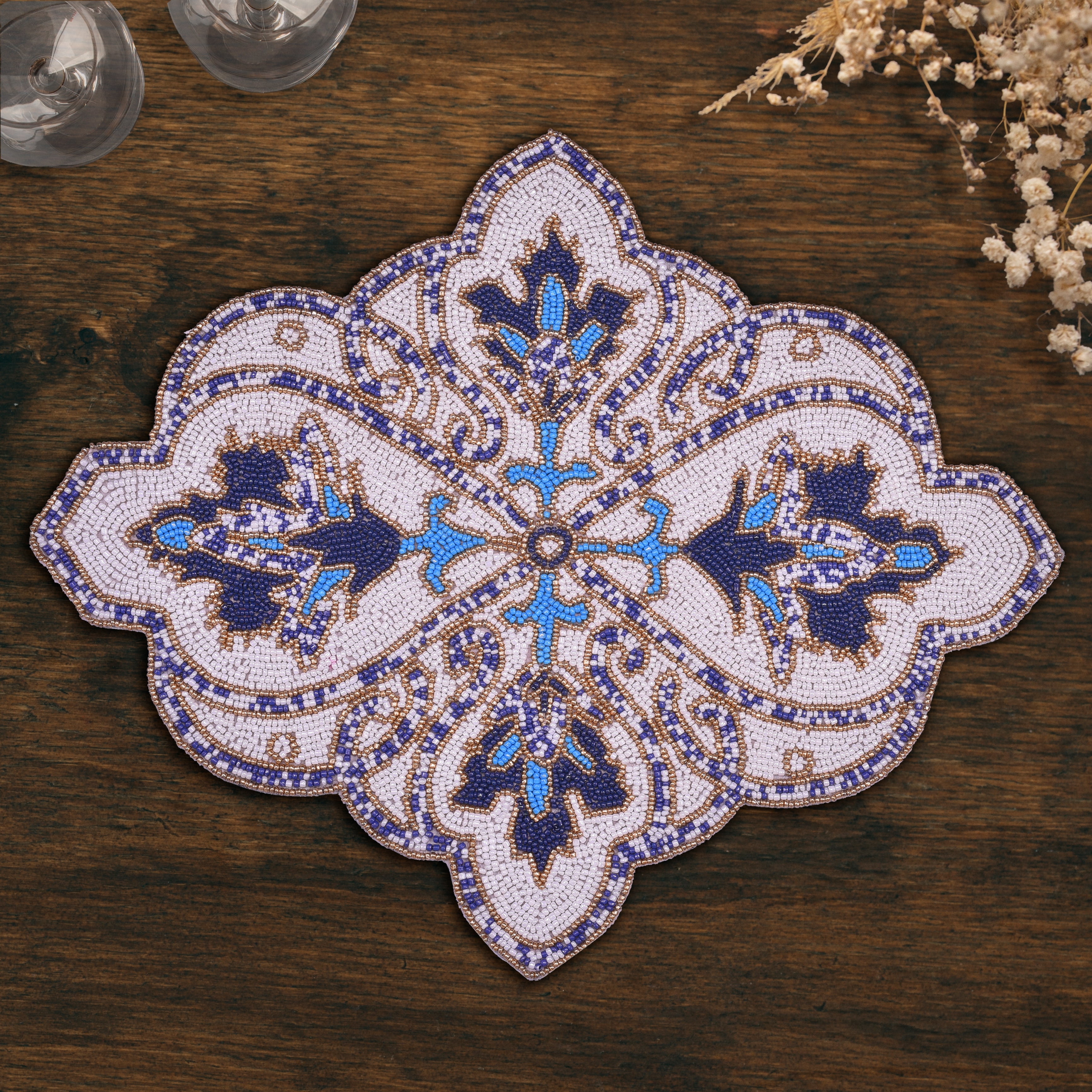 Blue White Beaded Placemats for Fall Autumn Thanksgiving Dining Table Scratch Heat Resistant Charger Mats Kitchen Décor Set of 4