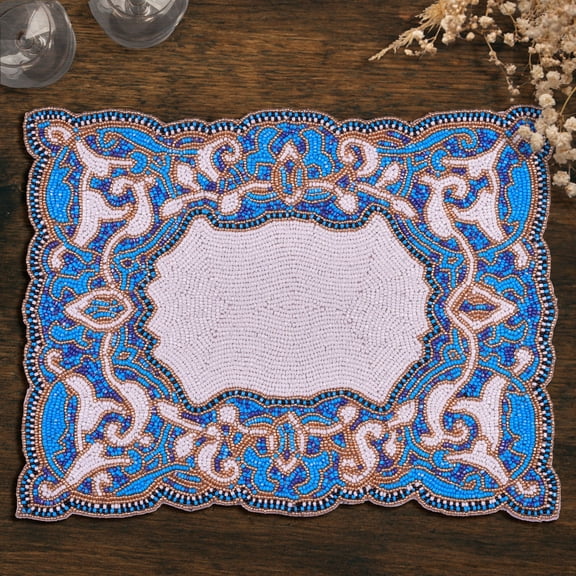 Blue White Beaded Placemats for Fall Autumn Thanksgiving Dining Table Scratch Heat Resistant Charger Mats Kitchen Decor Set of 4