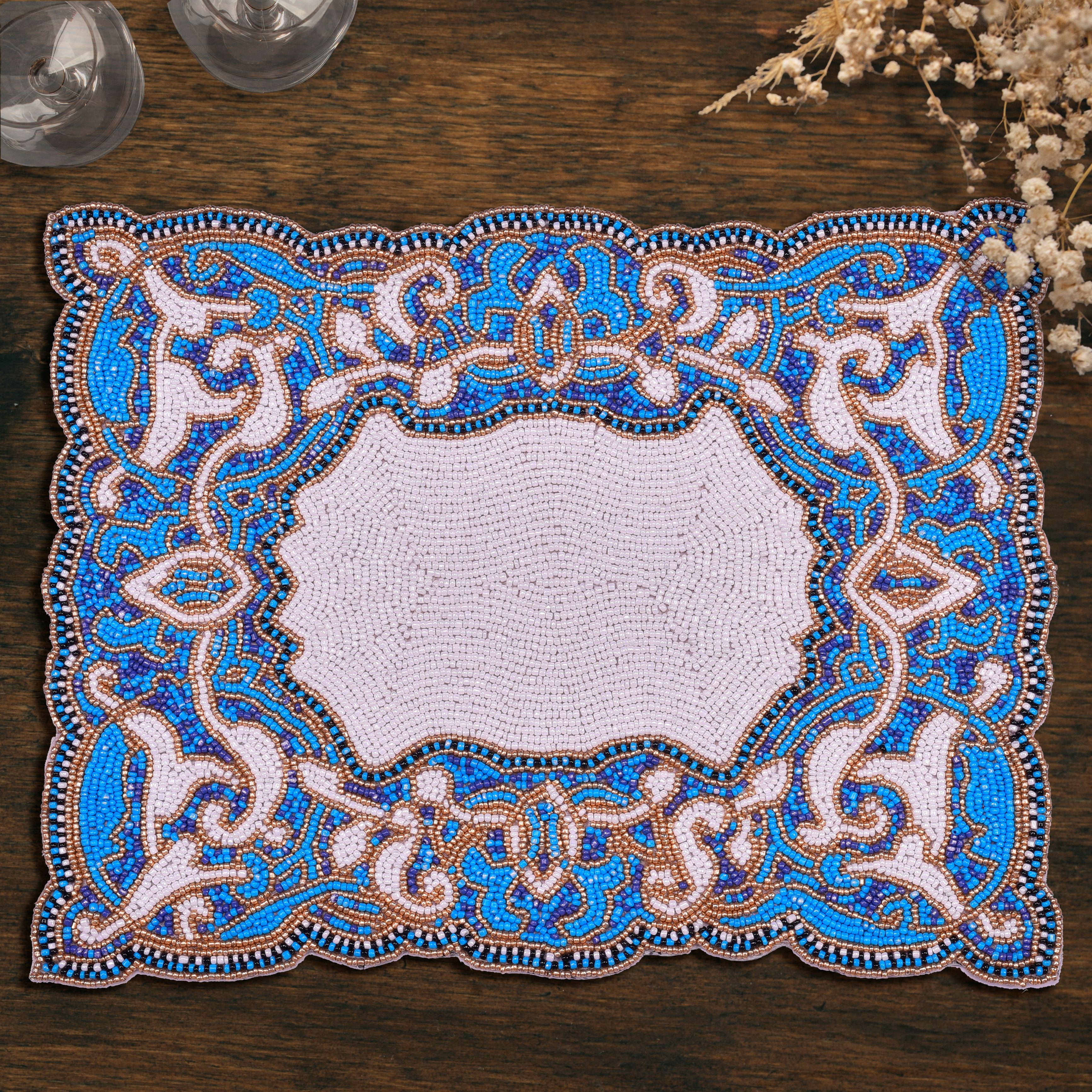 Blue White Beaded Placemats for Fall Autumn Thanksgiving Dining Table Scratch Heat Resistant Charger Mats Kitchen Decor Set of 6