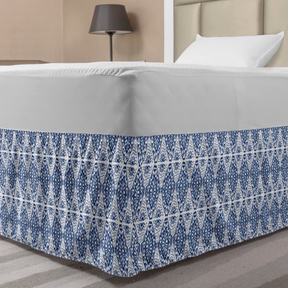 Blue and White Bed Skirt, Abstract Tie Dye Effect Ikat Shibori Pattern in Bohemian Fashion, Elastic Bedskirt Dust Ruffle Wrap Around for Bedding Decor, 4 Sizes, Navy Blue and White, by Ambesonne