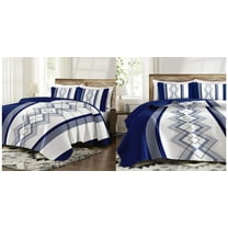 Blue and White Bedding & Curtain Set, 9-Piece Scandinavian Style Comforter & Drapes with Nickel Grommets, Quilted Bedspread and Print/Solid Curtains for Queen/King/Cal King（QUEEN）